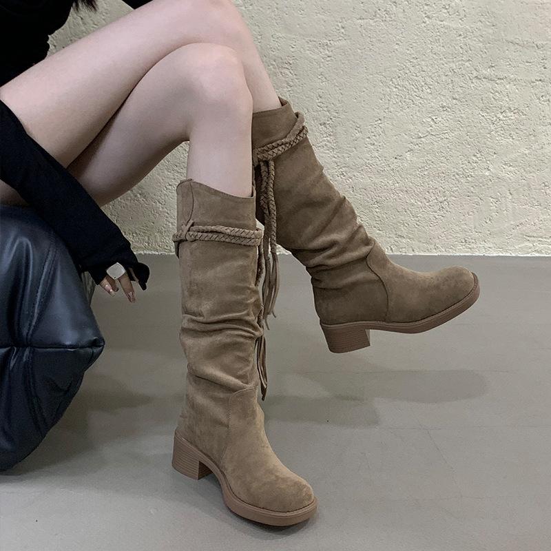 

Retro suede thick heel boots women s autumn and winter new boots 2025 French high heel boots western cowboy boots 39