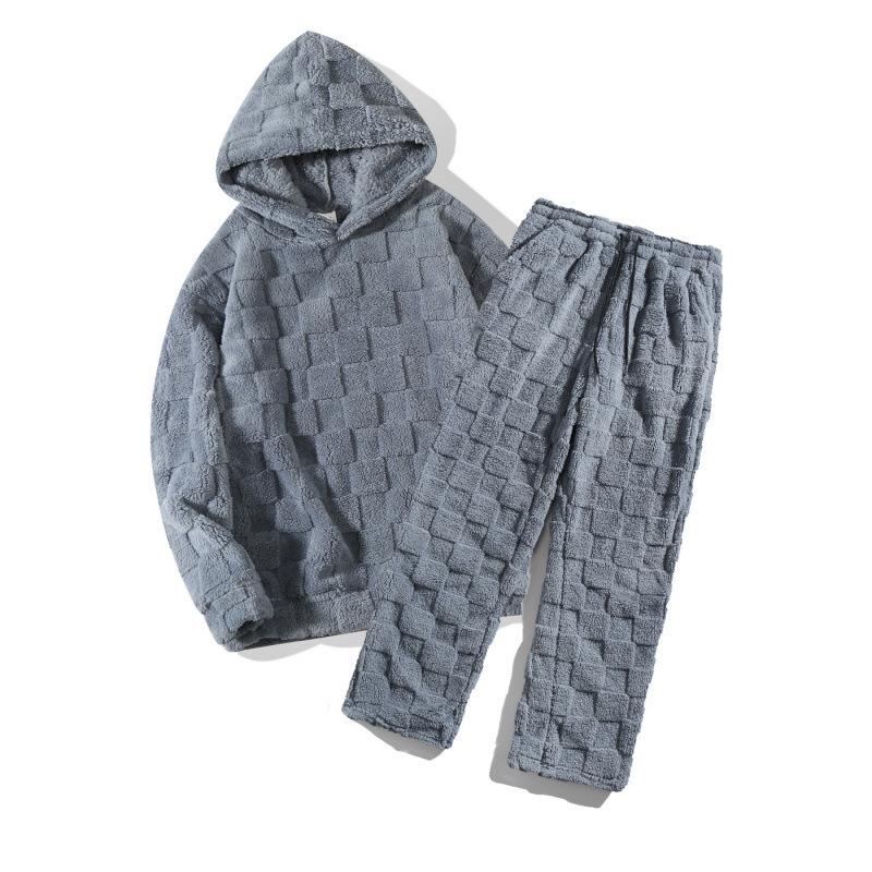 Autumn and Winter Foreign trade slim-fit round neck long-sleeved trousers square plaid fluffy personalized two-piece set casual men