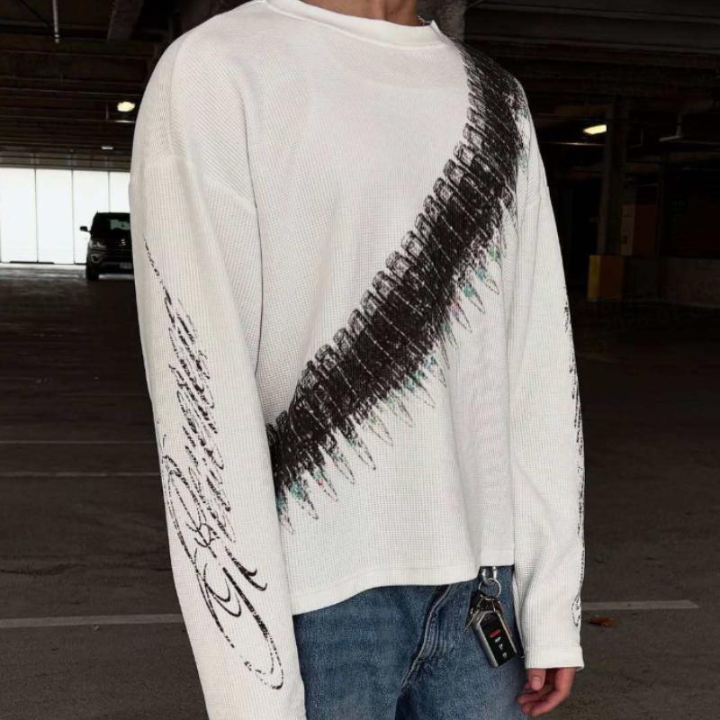 European and American Style Dark Printed Round Neck Long Sleeved Retro Street Trend Pullover Top