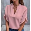 VEZFAA Women's Fashion Casual Summer Spring Solid Color Print Short Sleeve V-Neck Blouses & Shirts