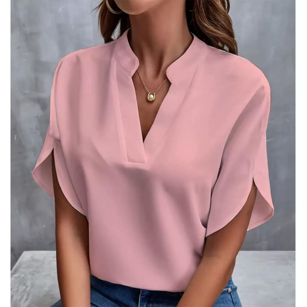 VEZFAA Women's Fashion Casual Summer Spring Solid Color Print Short Sleeve V-Neck Blouses & Shirts