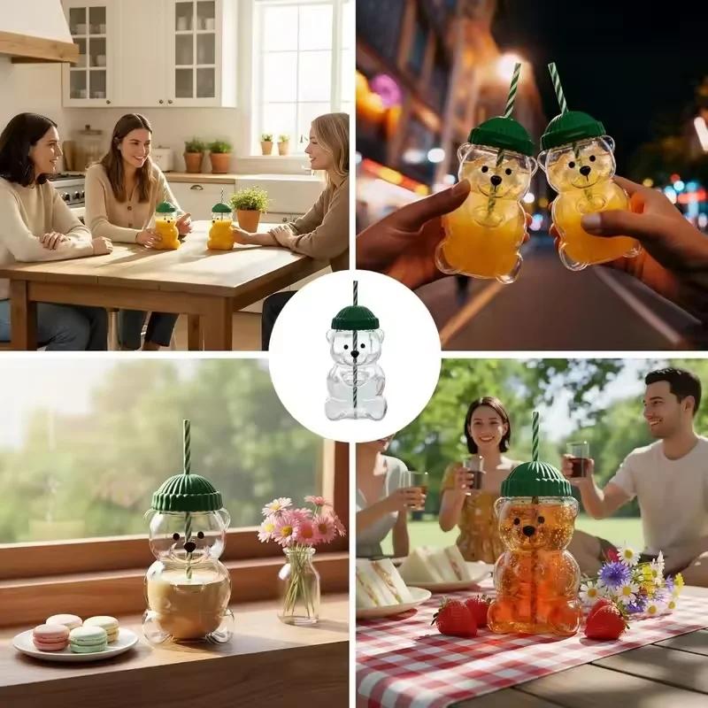 New For Starbucks Cute Animal Bear Straw Glass Transparent Glass For Men Women Birthday Christmas Gift Milk Tea Cup With Straw