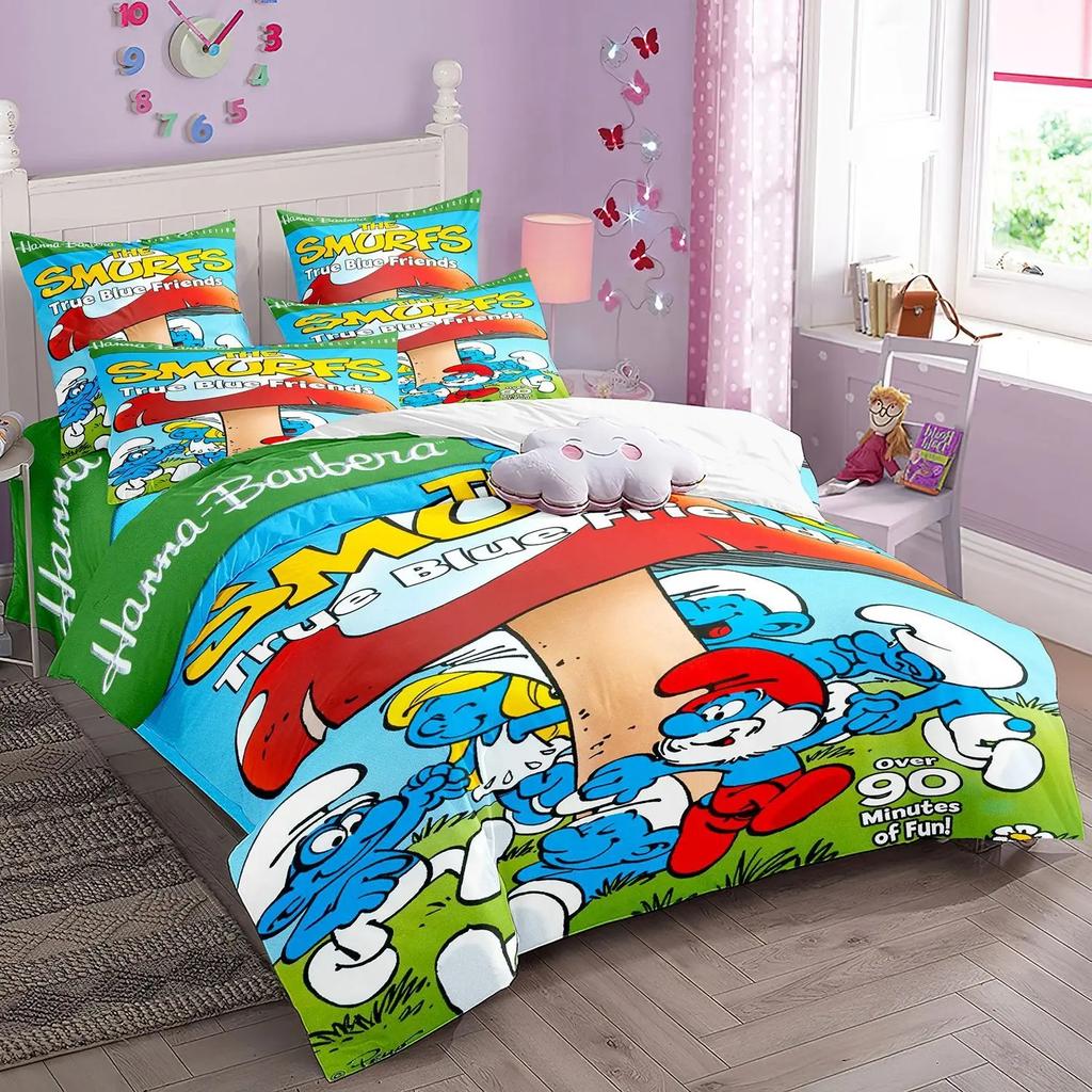 Cartoon S-Smurfs Printed Duvet Cover Pillowcase Bedding Set Boy Girl Children Single Double Large King Queen Size Gift