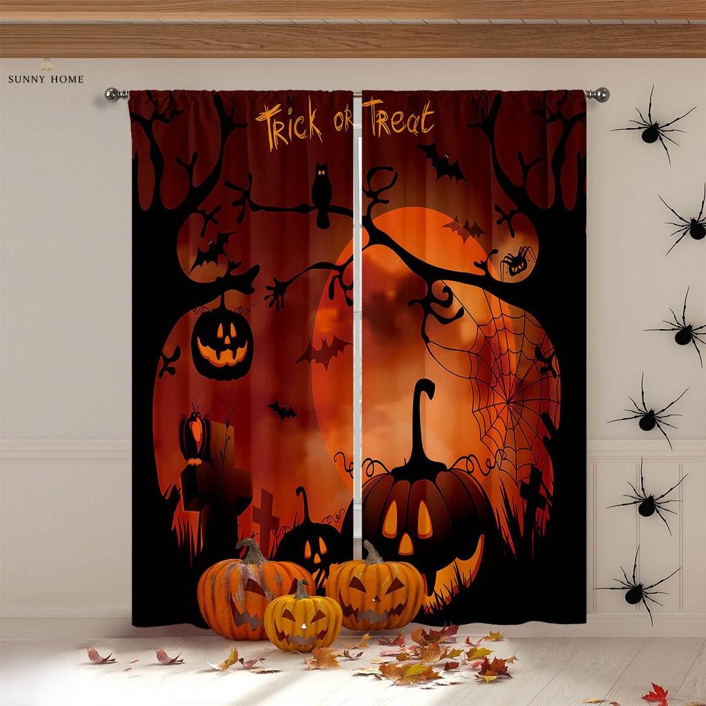 Halloween Horror Atmosphere Decorative Curtains Gothic Style Castle Pumpkin Cartoon Print Curtains Holiday Party Decorative 2PCS