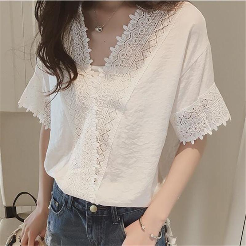 2023 Summer Women's Loose White Chiffon V-Neck Hollow Short Sleeve Top
