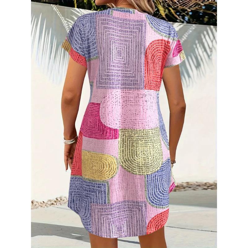JKASHDK Dámské letní a jarní barevné bloky s potiskem, krátkým rukávem, výstřihem do V, volným pasem a ležérními šaty