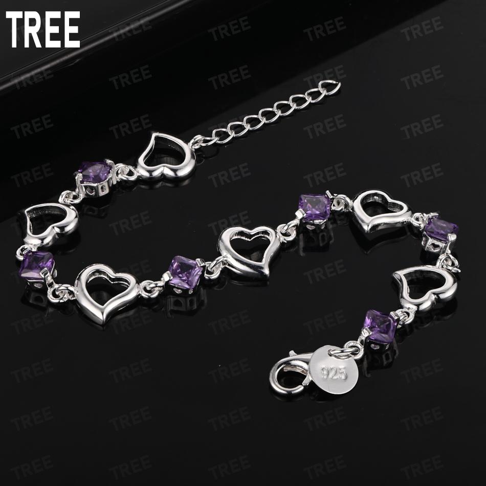 925 Sterling Silver Heart-Shaped Side Chain Sweet Bracelet Gift Jewelry