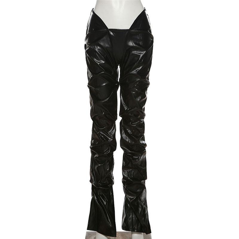 Western Style 2023 Women clothes New Fashion Pleat Pu Imitation Leather Sexy Low Waist Street Shot Straight Casual Trousers