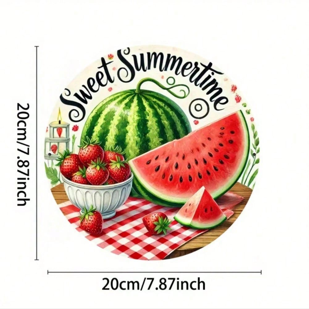 Sweet Summer Watermelon Strawberry Round Metal Wall Art Flat Print Hanging Sign Home Room Decor