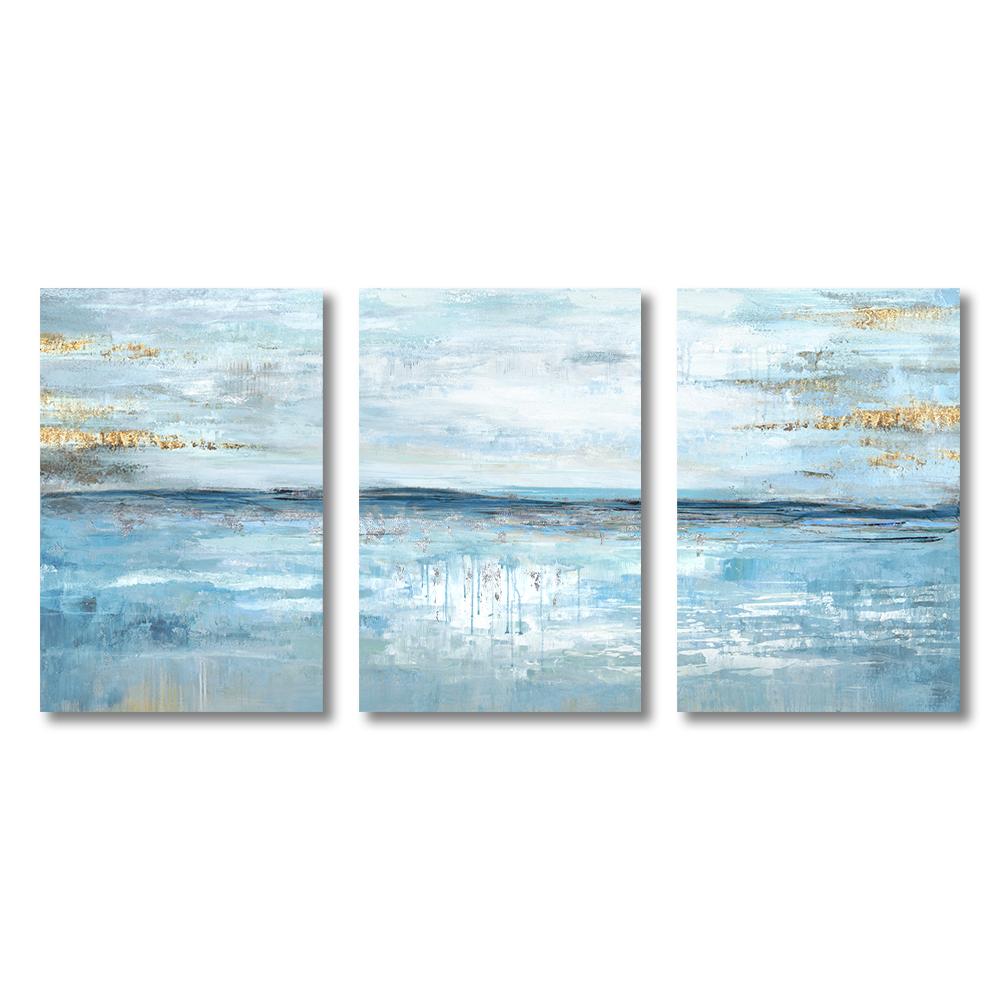 3 Panels Nordic Abstract Ocean Canvas Painting Coastal Theme Artwork Blue Gold Sunset & Sunrise Wall Art Posters for Living Room