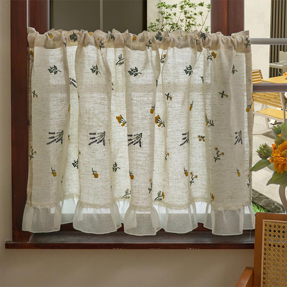 Katoen Linnen Borduur Gordijnen Weg Zak Gordijn Kwastje voor Keuken Slaapkamer Woonkamer Erker Kast Gordijn W140xH60cm&Rod Pocket