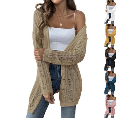 Damen Langarm Einfarbig Mittellang Gestrickte Strickjacke Jacke Pullover Gestrickter Pullover