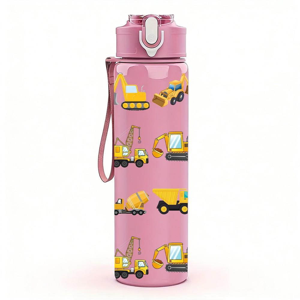 1PC Multiple Yellow Truck Vehicle Print 750ml Color Plastic Sports Water Bottle Leakproof Flip Straw Lid Suitable for Sports Office Home Use