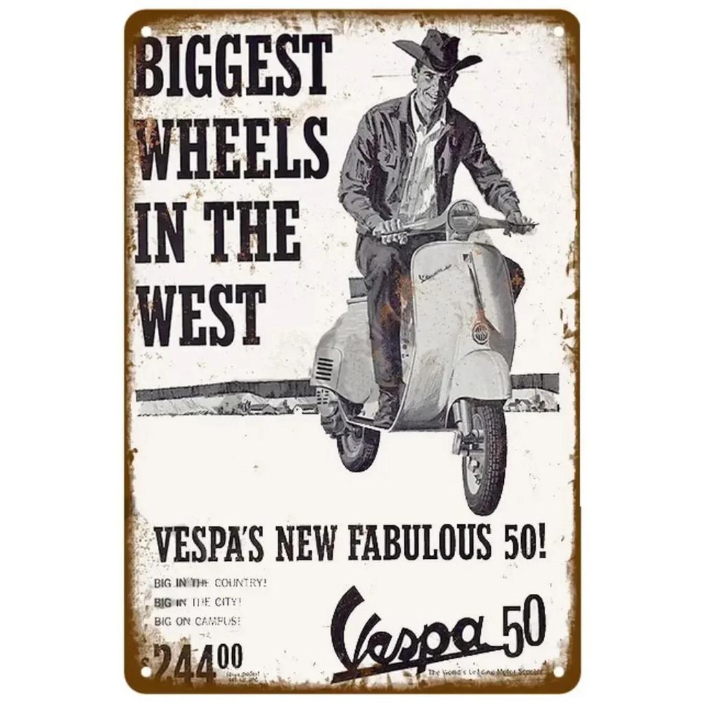 Vespa Motocykl Vintage Kovový Značka" – Retro Umělecká Deska se Skútr Estetikou; Nástěnná dekorace pro domov, kavárnu, zahradu, klub, bar