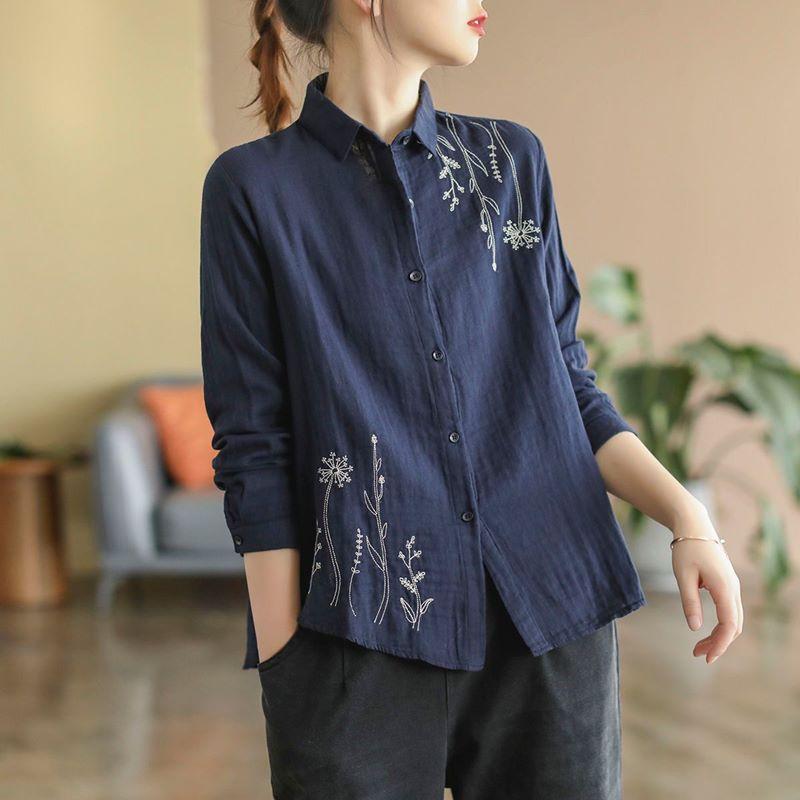 Cotton Women's Shirt Embroidery Elegant Blouse Long Sleeve Top Vintage Clothing Button Up White Shirts Ladies Office Outfit
