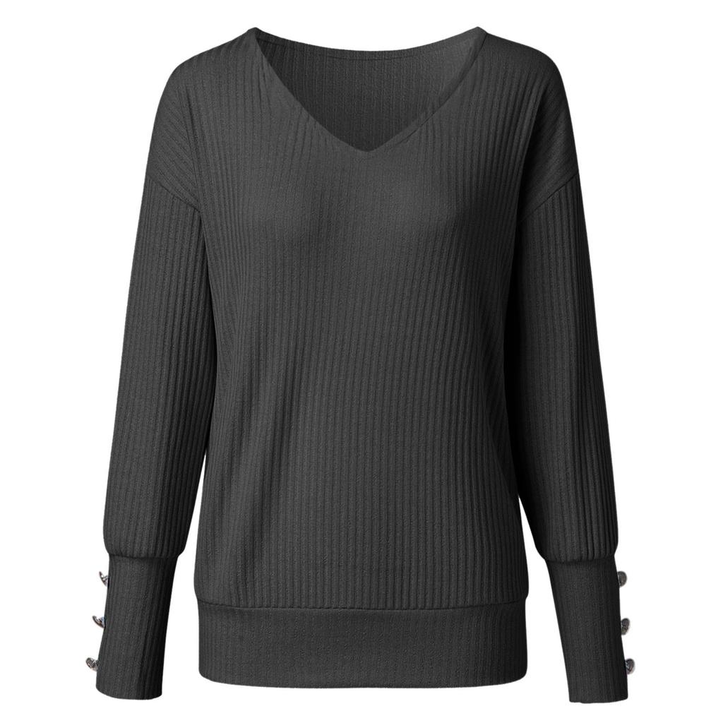 Kvinners ensfarge Wild Strikket Sexy V-hals Løs Langermet genser Topp