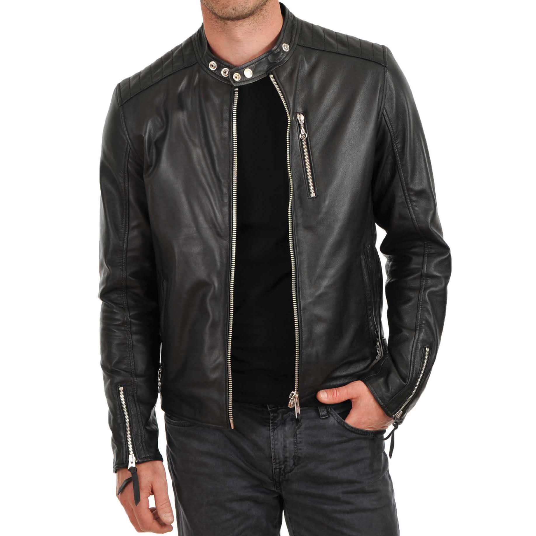 

SkinOutfit Men s Genuine Lambskin Black Leather Jacket Stylish Motorcycle Bomber Biker Outerwear MJ 66 XXXL чорний