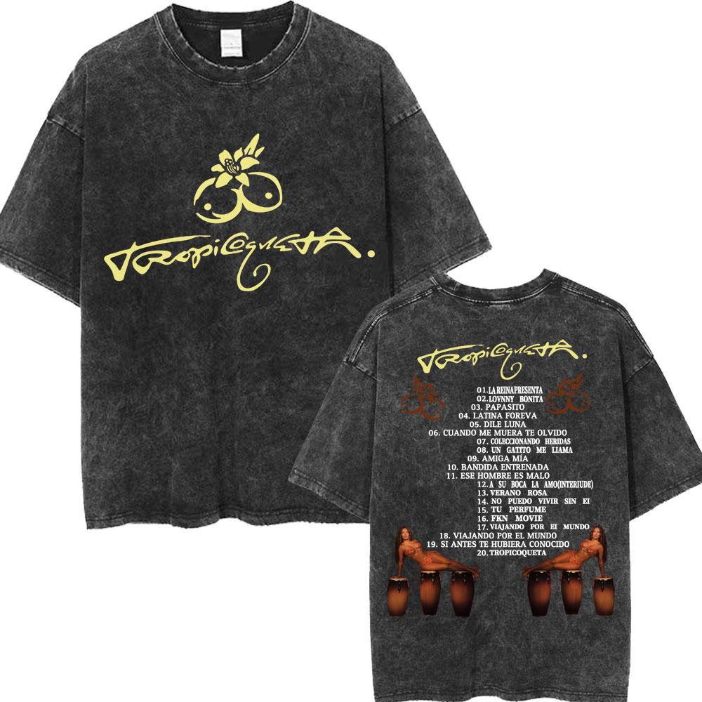 Karol G Tropicoqueta Album Latina Foreva Washed T Shirt Men Women Trendy Loose Tshirts Casual Cotton Retro Street T Shirts