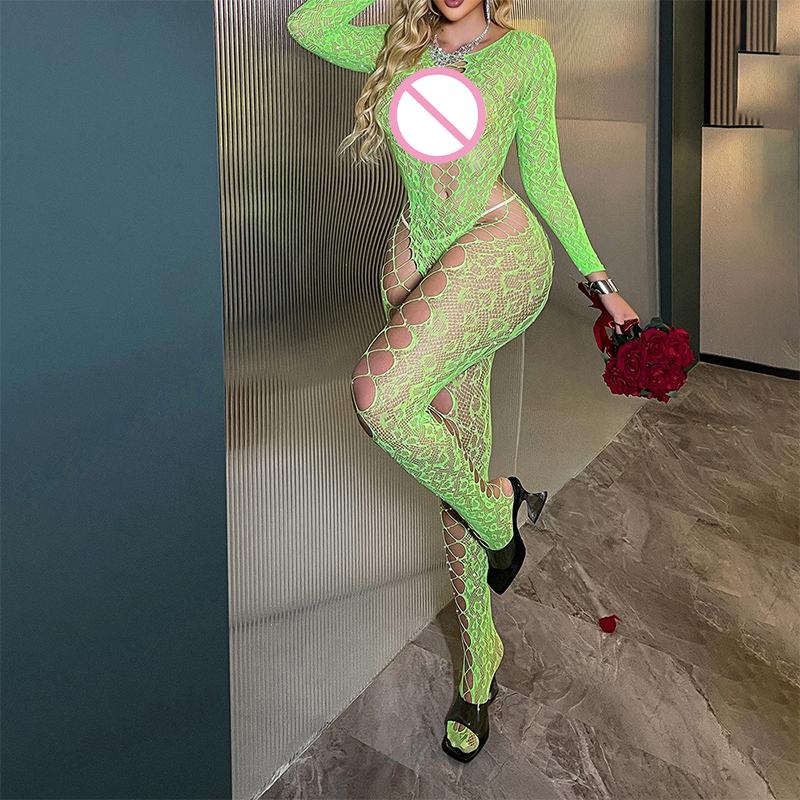 Embellished Sexy Lingerie Mesh Bodysuit Long-Sleeved Tight-Fitting Nightgown