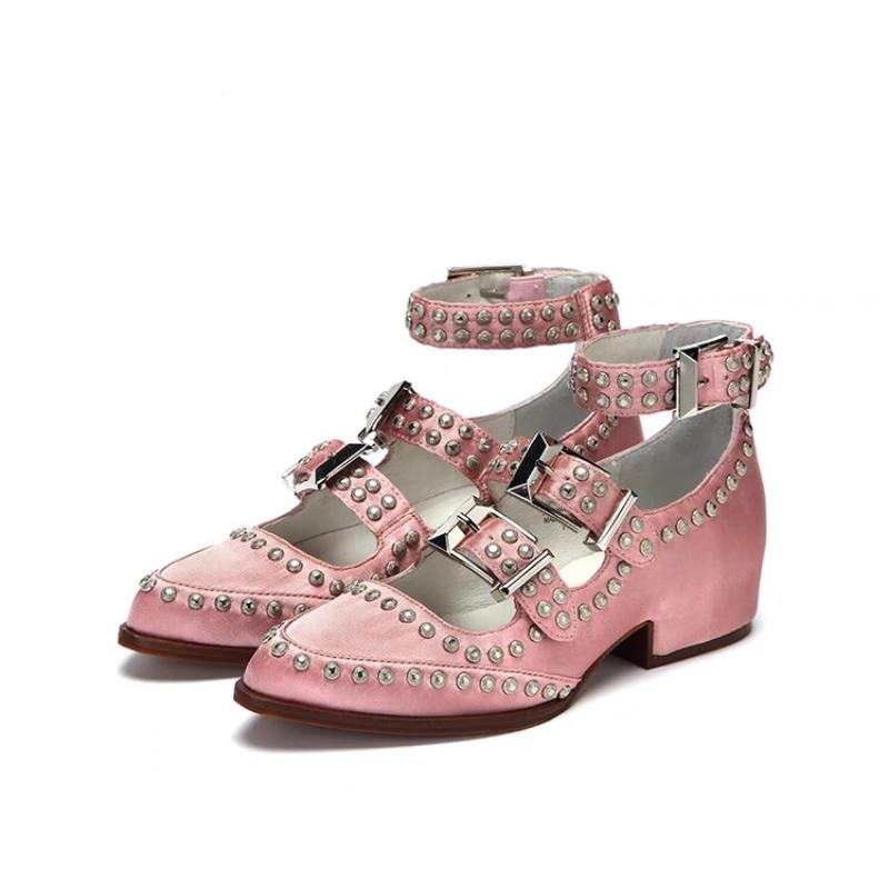 Fashion New Style Round Toe Riveted High Heels Women's Thick Heels Ankle Frenulum Microfiber/Satin Fashion Pearl  Ladies Large Size 43