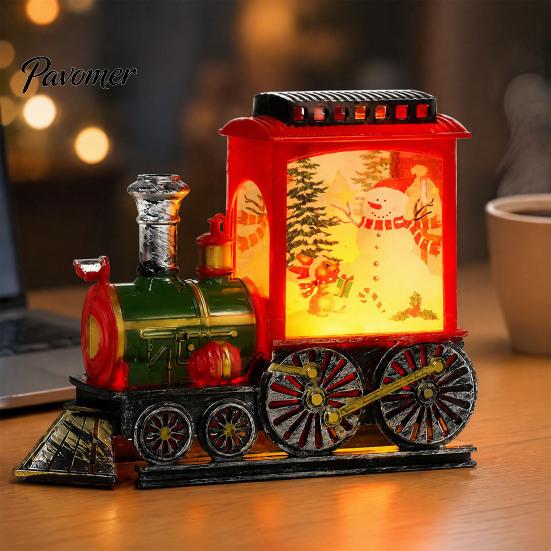 Snowy Christmas Night Ornament Train Snow with Light, Battery Powered Winter Desktop Decor Decoration, Swirling Glitter Decor, Lighted Tabletop