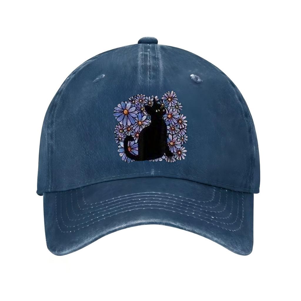 Black Cat Surrounded by Blue Floral Print Baseball Cap Casual Adjustable Polyester Summer Sun Hat Unisex
