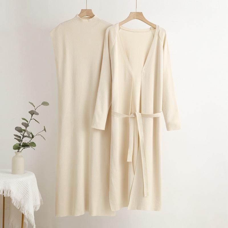 

Elegant Solid Knitted 2 Piece Sets Women O-neck Sleeveless Knitwears Pullover Dress Conjuntos Long Sleeve Sweater Cardigan Suits One size бежевий