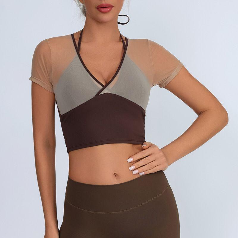 

Trade with Chest Pad New Arrival Sports Fitness Top Women s Deep V Neck Mesh Color Contrast Patchwork High Waist Quick-Drying Short-Sleeved T-shirt Deep coffee. L