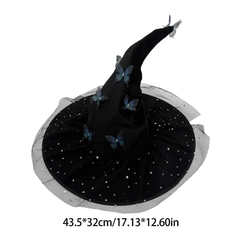 Elegant Curved Brimmed Witch Hat With 3D Butterfly Decoration Halloween Cosplay Accessory Multiple Colors