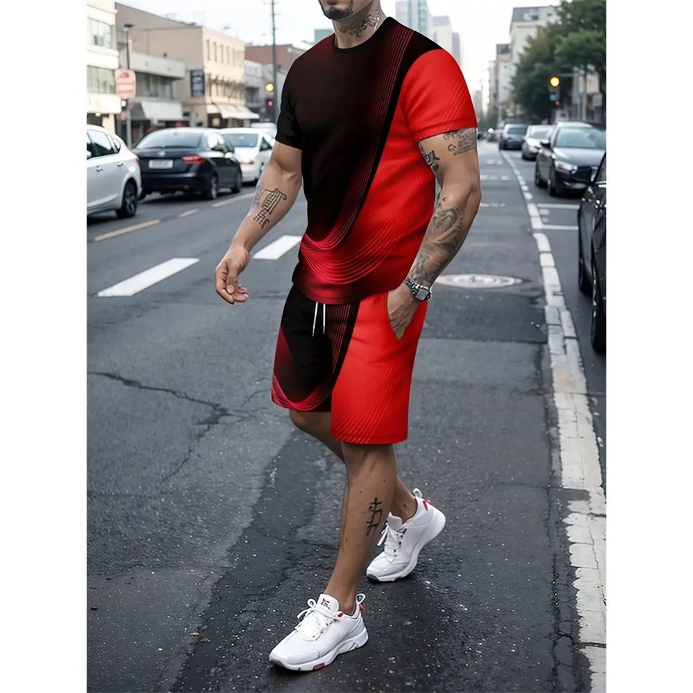 New Gradient Texture T-Shirt Men's Two-Piece Summer New Shorts Suit Fashion 3D Printing Street Casual Sportswear Men's Models
