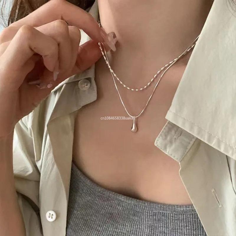 Silver Simple Design Drop Pendant Necklace for Women Double Collar Chain Fashion Fine Jewelry Gifts Long Layered Necklace