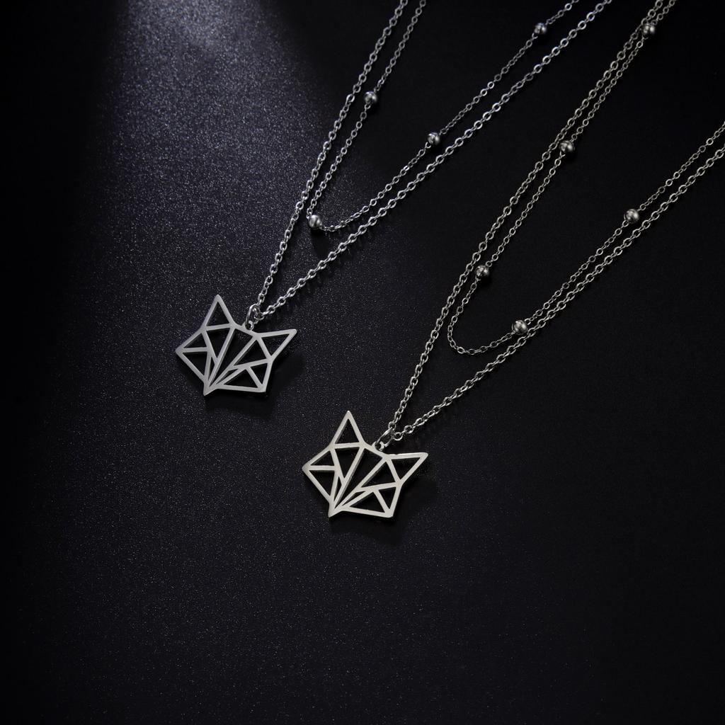 Hollow Fox Pendant Necklace Stainless Steel Women's Classic Animal Charm Double layer Bead Chain Fashion Jewelry Party Gift