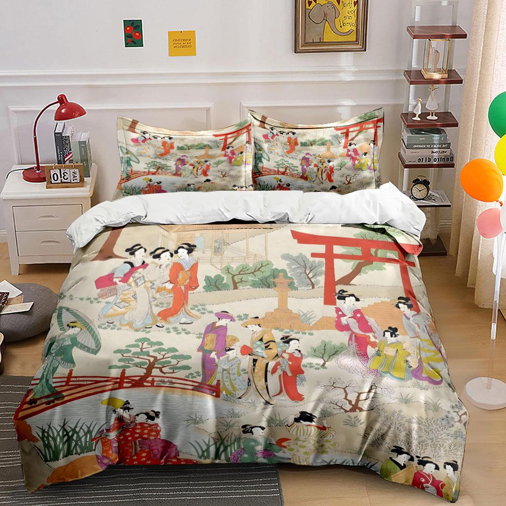 Elegant Japanese Garden Bedding Set 3pcs, Vintage Ukiyo-e Art Print Duvet Cover, Soft Cozy Bed Linens with Torii Gate Design