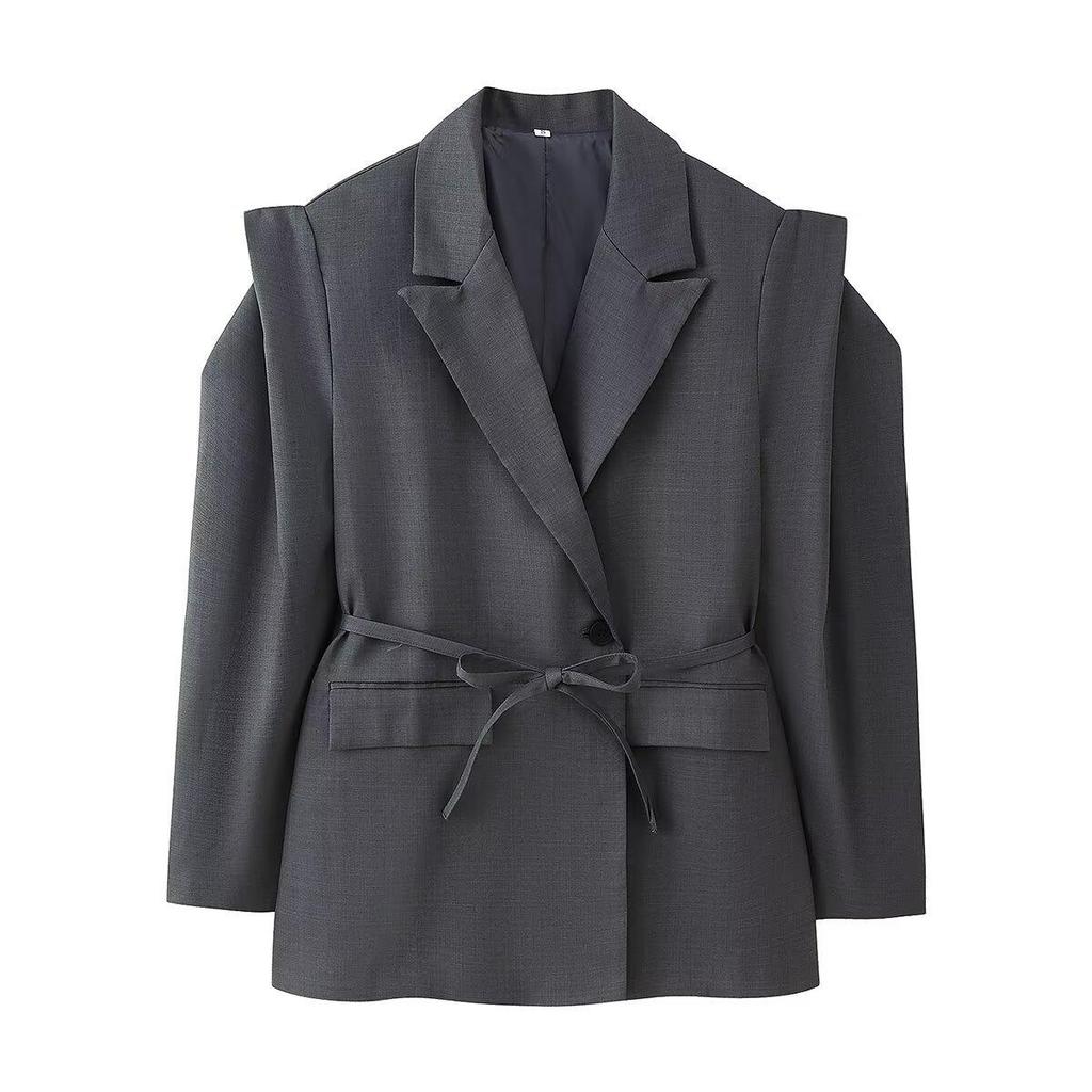 Women's Fashion Padded Shoulder Suit Jacket with Tie-Waist