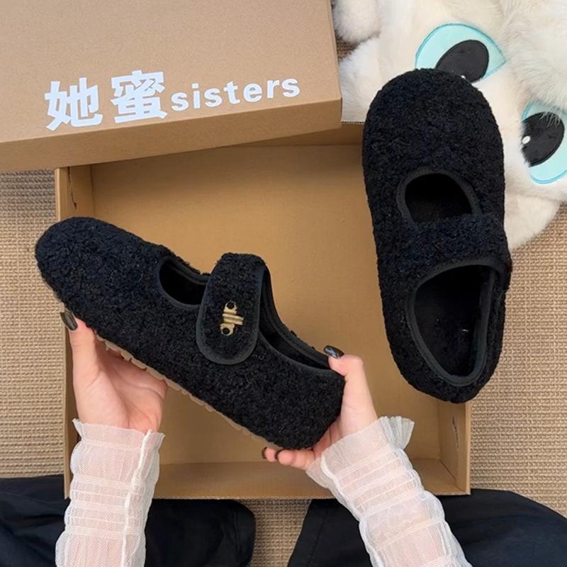 Klittenband grijze pluizige schoenen voor dames winterkleding nieuwe fluwelen enkele schoenen warme katoenen schoenen platte Mary Jane Doudou schoenen