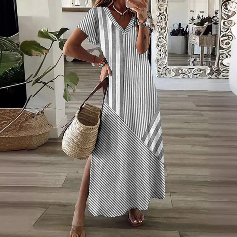Summer Women Dress V-Neckline Side Split A-line Comfortable Fit Short Sleeves Striped Print Pullover Ankle Length Vacation Beach Maxi Dress