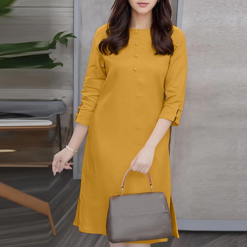 

ZANZEA Женское повседневное платье с круглым вырезом, однотонное, с рукавом 3/4, свободного прямого кроя L жёлтый