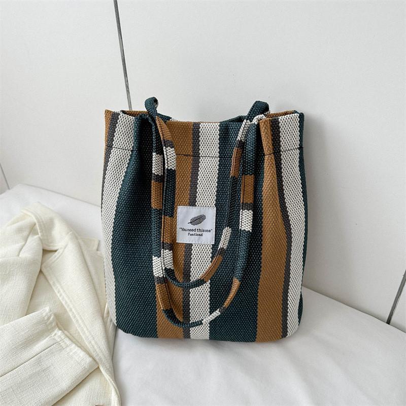 Striped Canvas Tote Bag 2023 Fall Fashion Large Capacity Casual Shoulder Bag
