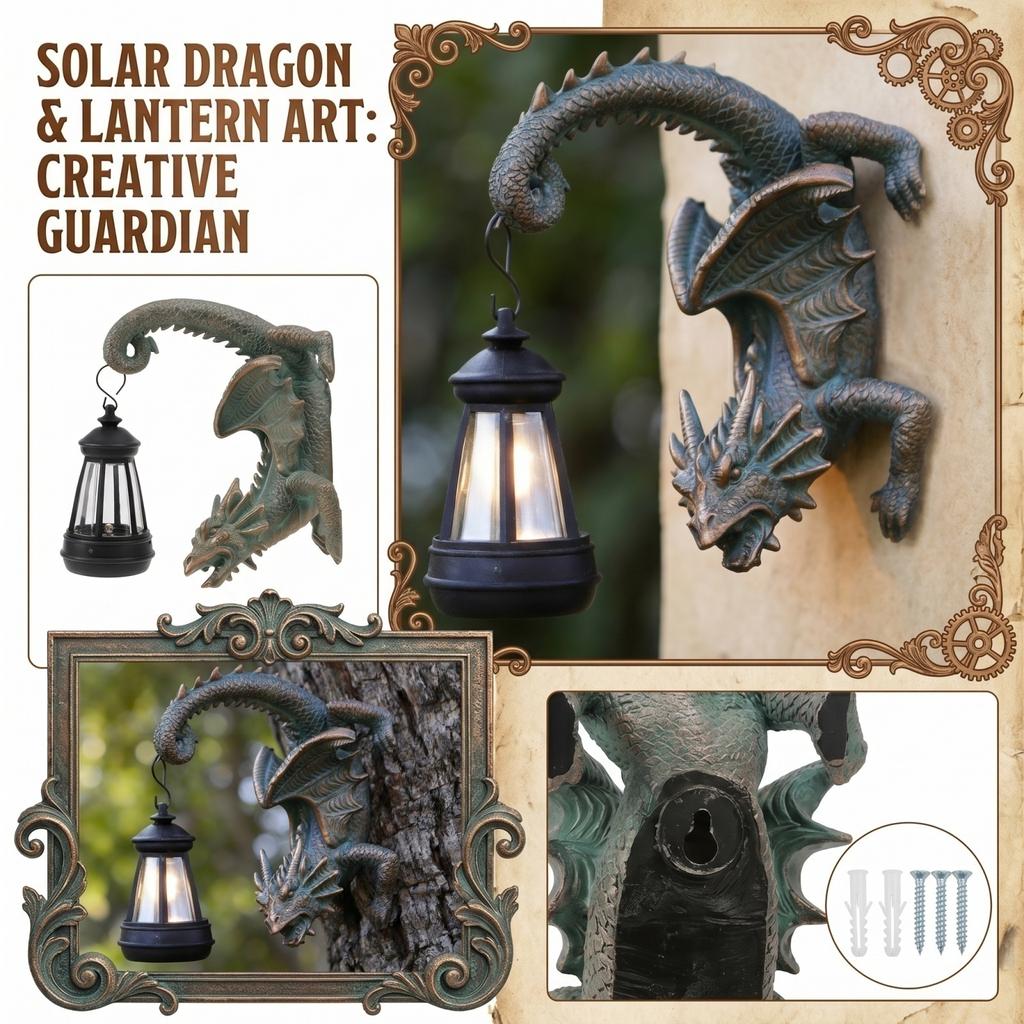 Solar Powered Dragon Wall Lantern Resin Sculpture Outdoor Garden Decorative Lighting Fixture for Patio Porch Yard Home Office