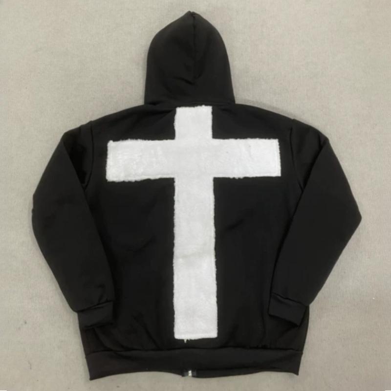 

Y2K A vintage punk embroidered cross autumn and winter cardigan hooded sweatshirt XL чорний