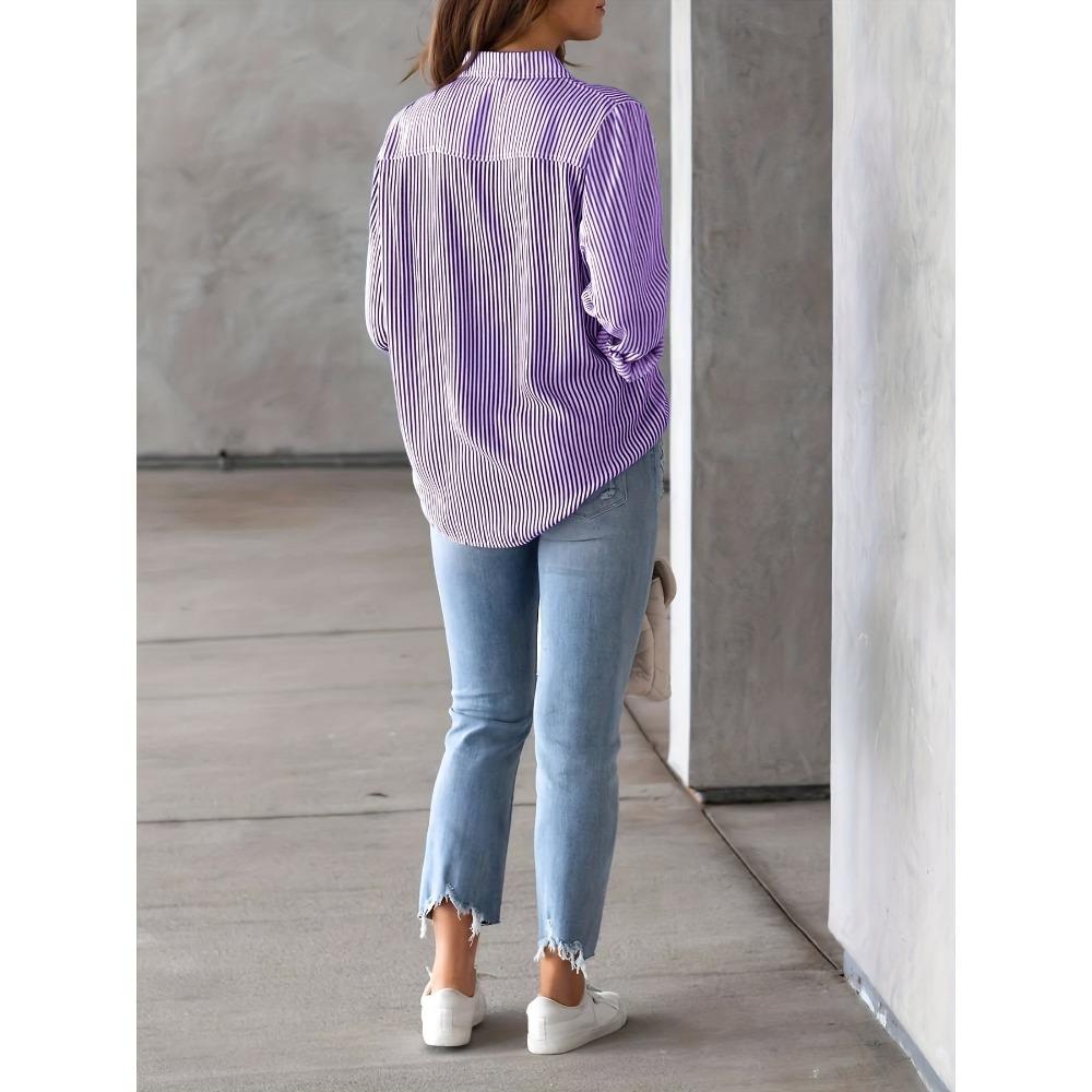 Szykowna koszula z długim rękawem w paski - Damska odzież codzienna z kieszenią i zapięciem na guziki - Idealna do noszenia na co dzień