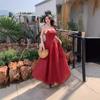 New Super Fairy Retro Red Dress Sleeveless Suspender Women's Waist and Thin Seaside Vacation Style Backless Dress