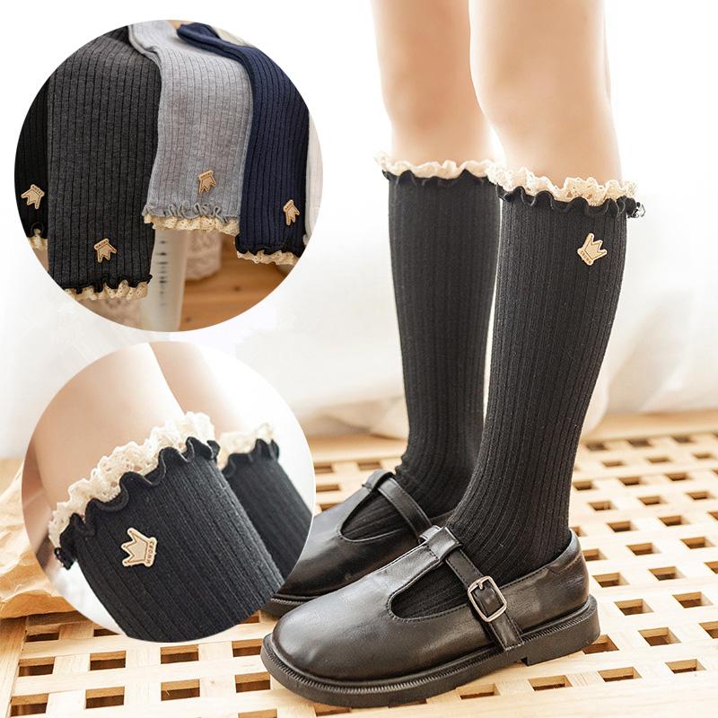 Girls Princess Lace Ruffle Knee High Socks Soft Cotton Long Tube Socks For Children Age 3-13 Years