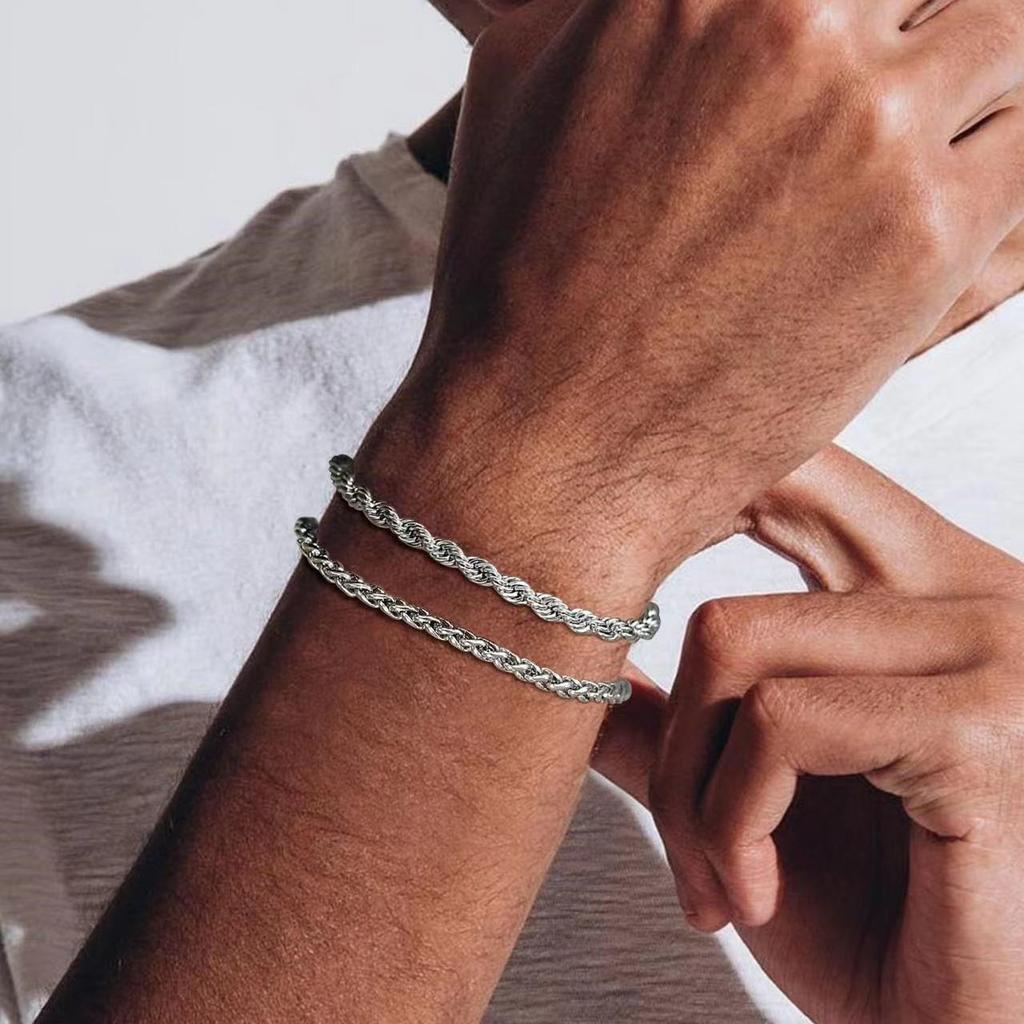 2Pcs Chain Bracelet for Men Titanium Steel Bracelets for Mens 8inch Figaro Rope Cuban Link Bracelets Set for Men Dad Husband