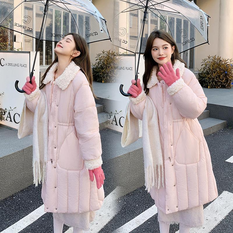 2025 New Lamb Wool Collar Waist Women's Long Down Cotton Clothes Solid Color Single-breasted Loose Coat