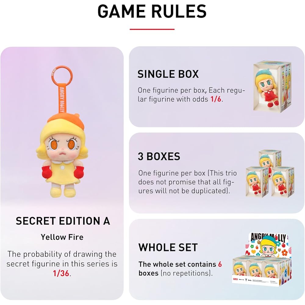 Pop Mart Angry Molly Plush Pendant Assorted Box 6 Pieces Soft Vinyl Toy Collectible Figure