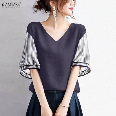 Women Casual V-Neck Stripe Splice Half Sleeve Blouse