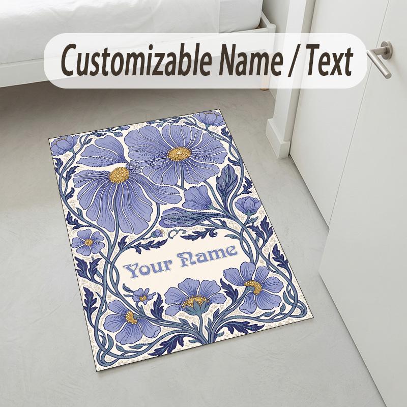 Floral Art Nouveau Theme Soft Crystal Velvet Rug Custom Name & Text Print Non Slip Floor Rug for Bedroom Living Room