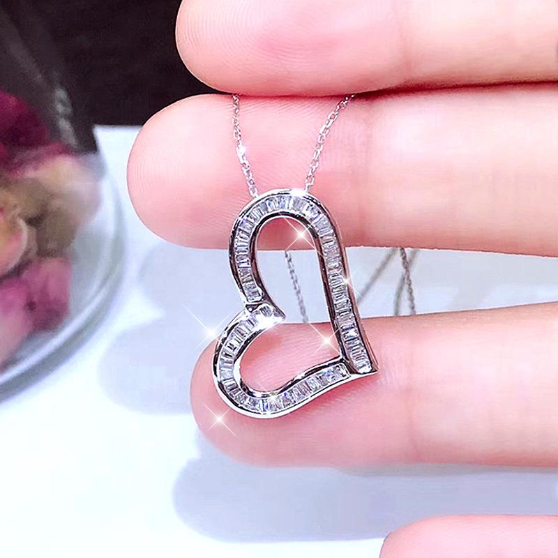 Baguette Cut Hollow Heart Pendant Necklace for Women