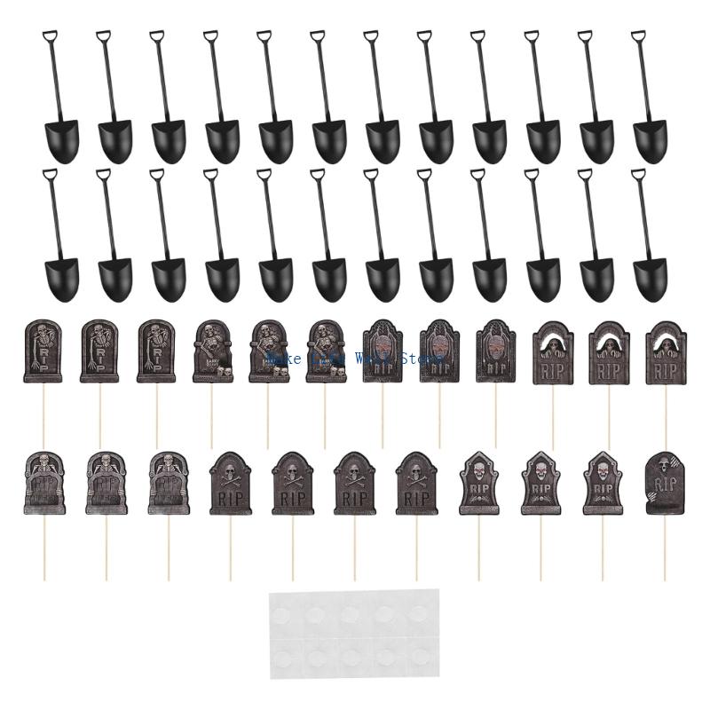 Halloween Baking 48Pcs Tombstones Cupcake Toppers Graveyard Decoration With Novelty Shovel Spoons For Parties